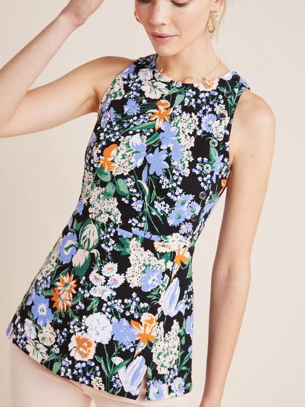 Maeve Anthropologie Floral Button Detail Sleeveless Top Black Blue Small